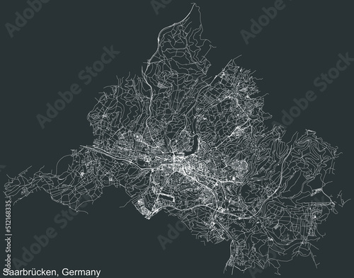 Detailed negative navigation white lines urban street roads map of the German regional capital city of SAARBRÜCKEN, GERMANY on dark gray background