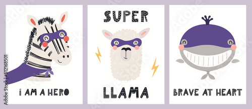 Cute funny animals superheroes, llama, whale, zebra, quotes. Posters, cards collection. Hand drawn animal vector illustration. Scandinavian style flat design. Concept for kids fashion, textile print.