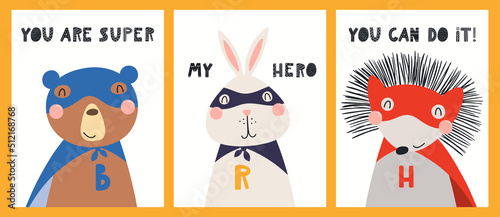 Cute funny animals superheroes, bear, rabbit, hedgehog, quotes. Posters, cards collection. Hand drawn animal vector illustration. Scandinavian style flat design. Concept kids fashion, textile print.