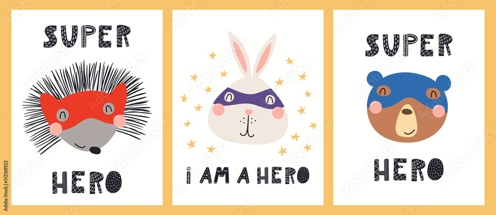 Cute funny animals superheroes, bear, rabbit, hedgehog, quotes. Posters, cards collection. Hand drawn animal vector illustration. Scandinavian style flat design. Concept kids fashion, textile print.