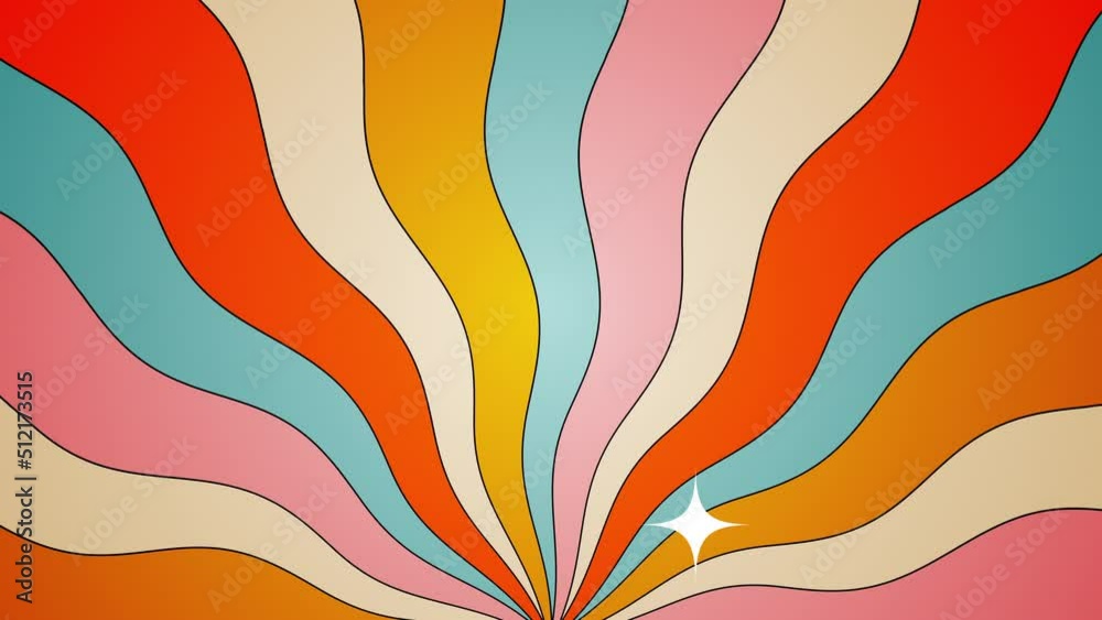 Retro, abstract, multicolor wavy, groovy, hippie, flat, abstract, cartoon looping sky background in seventies style with blinking white sparkles and sun beams.