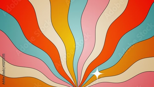 Retro, abstract, multicolor wavy, groovy, hippie, flat, abstract, cartoon looping sky background in seventies style with blinking white sparkles and sun beams.