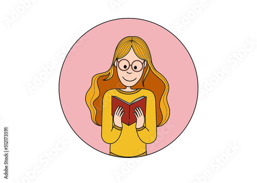 Beautiful red-haired girl is reading a book. Vector illustration.