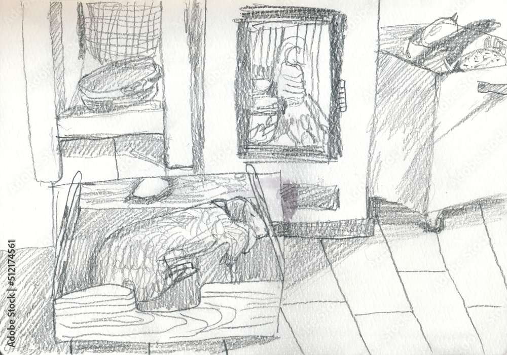 Fototapeta premium An hand drawn illustration, scanned picture - lying dog near the fireplace. Pencil technique.