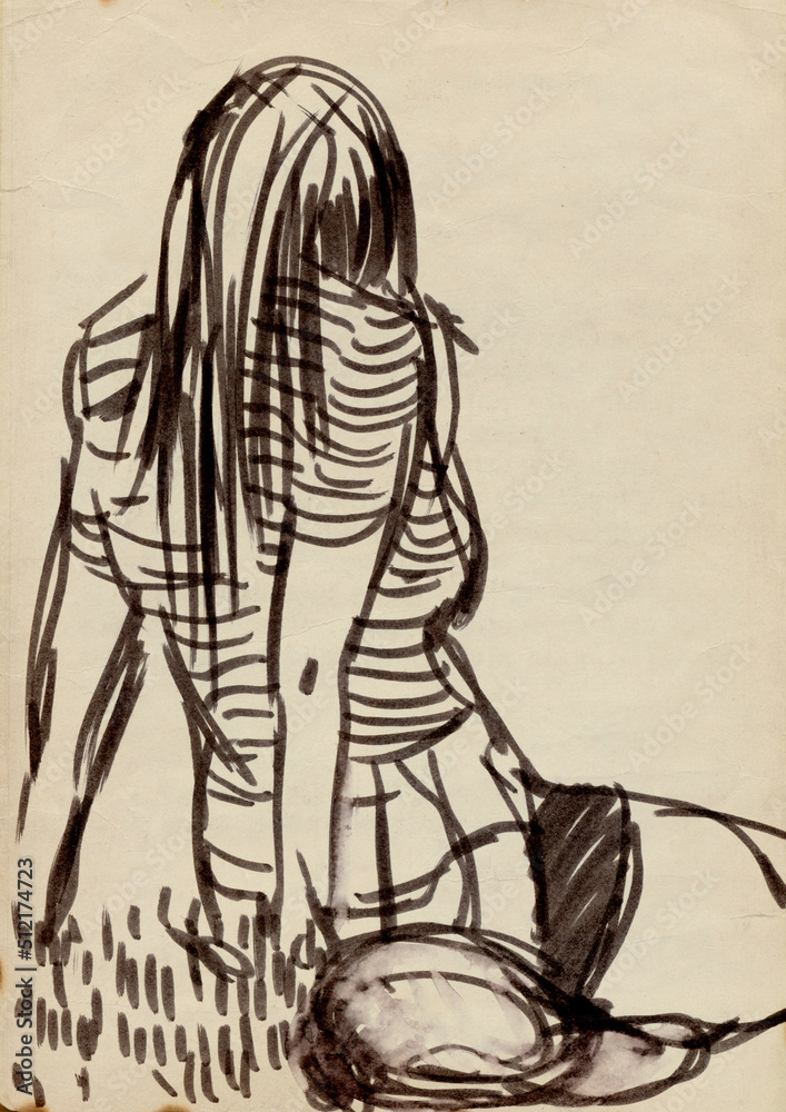 Fototapeta premium An hand drawn illustration, scanned picture - some figure, woman - artistic marker technique