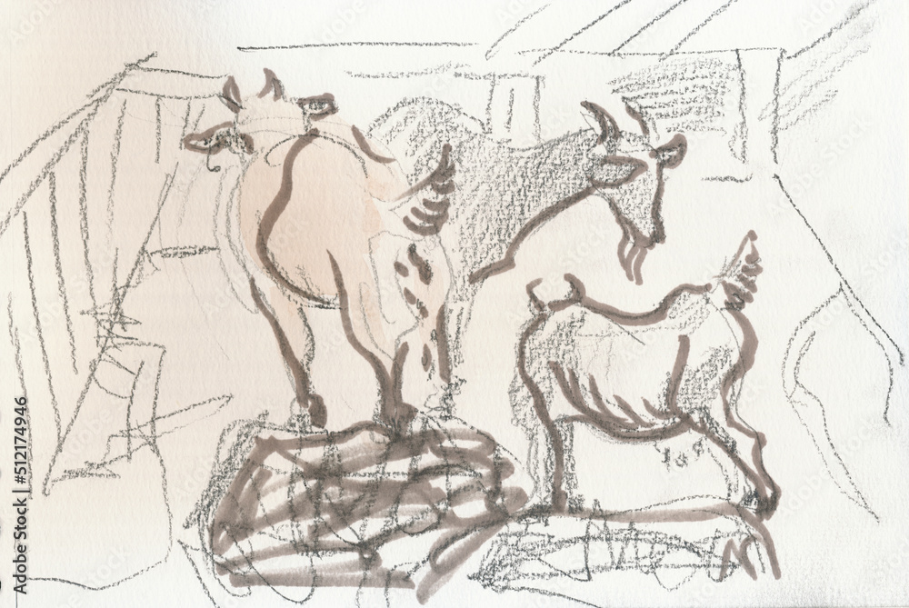 An hand drawn illustration, scanned picture - goats - marker and pencil technique