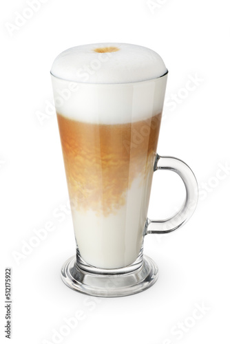 Latte coffee in a transparent glass cup isolated.