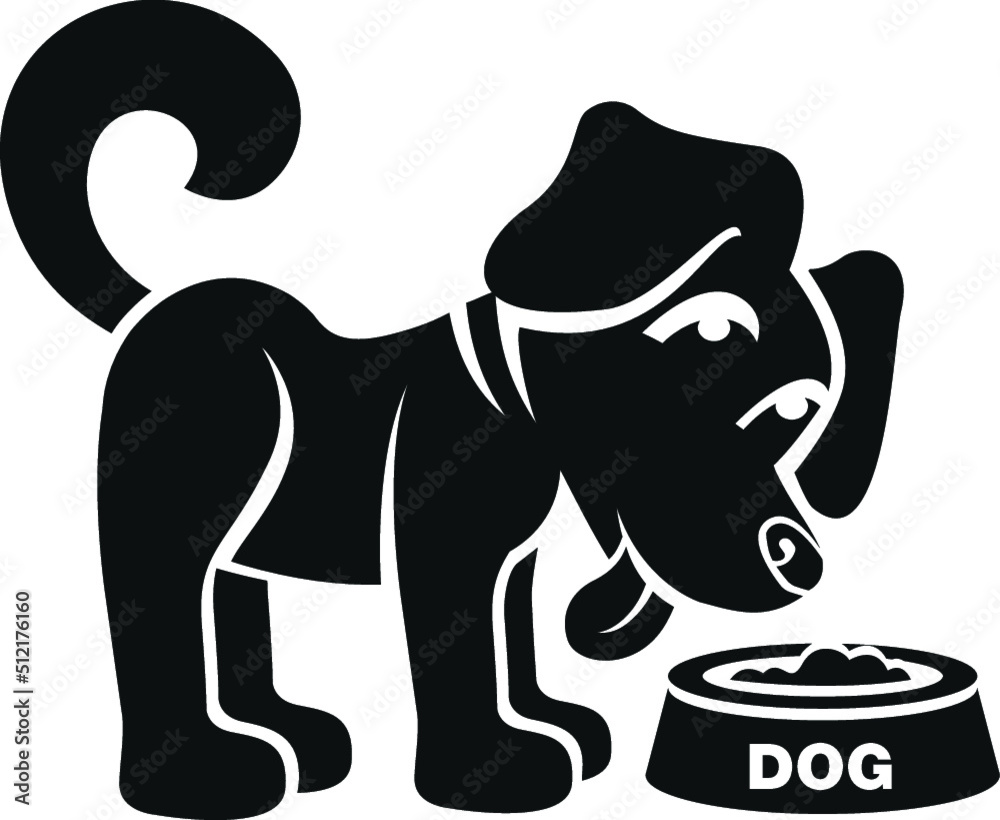 Black and White Cartoon Illustration Vector of a Puppy Dog Eating from