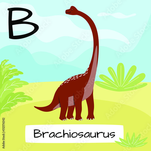 Brachiosaurus dinosaur. Letter B. Children s alphabet education. Vector illustration of a prehistoric dinosaur.