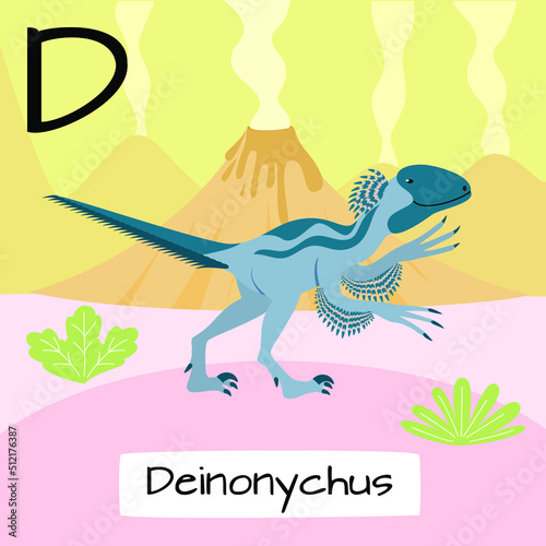 Deinonychus dinosaur. Letter D. Children s alphabet education. Vector illustration of a prehistoric dinosaur.
