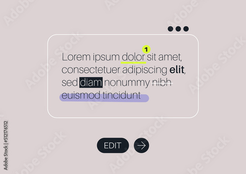 A text editor interface with underlined and crossed out words photo