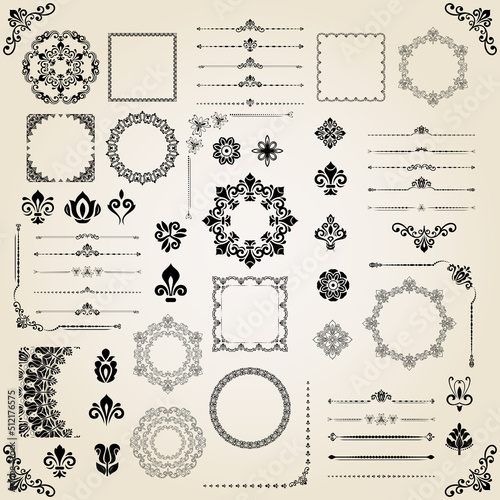 Vintage set of vector horizontal, square and round elements. Black elements for backgrounds, frames and monograms. Classic patterns. Set of vintage patterns