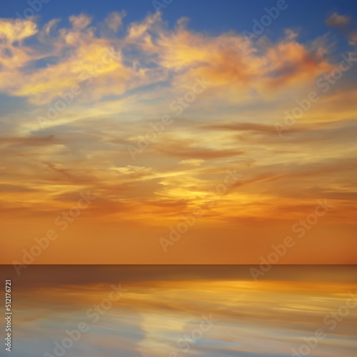 summer light gold orange pink sunset dramatic cloudy blue sky at sea landscape pastel template ,background