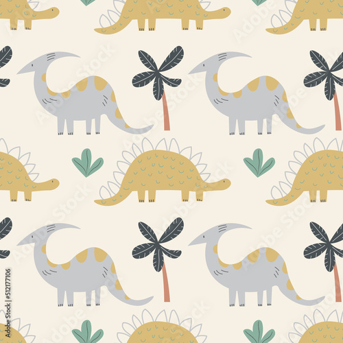 Childish seamless pattern with hand drawn Dino in Scandinavian style. Creative vector dinosaurs childish background for fabric  textile stock illustration EPS