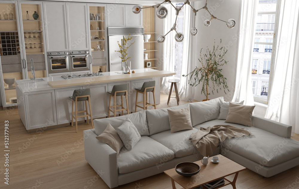 Fototapeta premium Modern interior of white kitchen with living room. 3d render