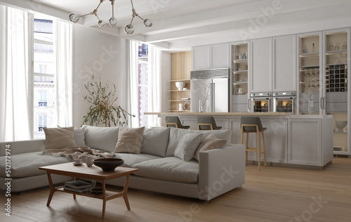 Modern interior of white kitchen with living room. 3d render	