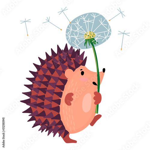 Cute hedgehog with dandelion in cartoon style.The walking character is isolated on white background.Vector hand drawn illustration for design print on fabric and paper,card,sticker,poster.