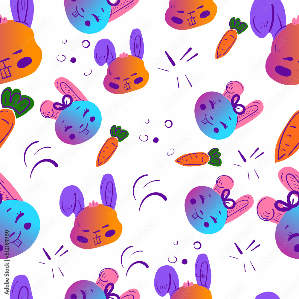 Cute pattern with bunny and carrot for textile or design. Colourful illustration on white background. Cute pattern with bunny and carrot for textile or design. Colourful illustration on white background.
