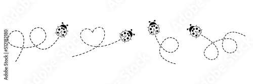 Ladybug fly set. Ladybirds flying on dotted route. Animal silhouette. Vector isolated on white.