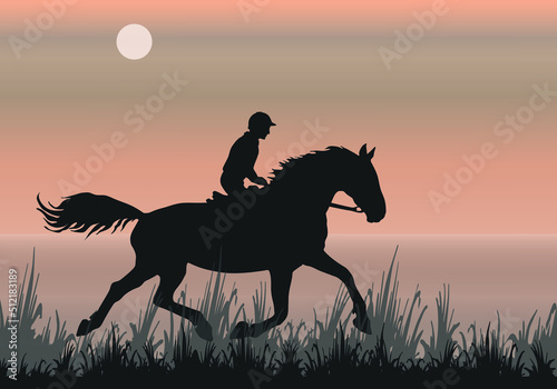 isolated silhouette of a galloping rider against the sky