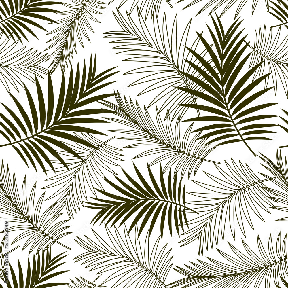 Palm leaves monochrome seamless pattern. White background. Vector design.