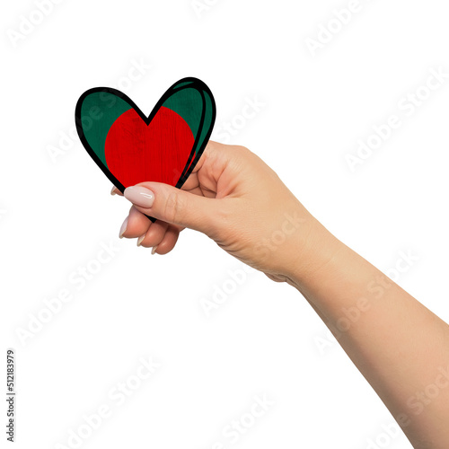 Woman hand is holding heart. Peace concept on white background. Bangladesh