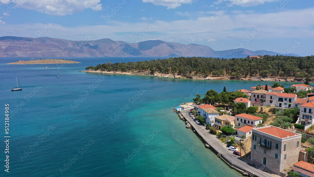 Aerial drone photo from famous and picturesque port of traditional historic village of Galaxidi, Fokida, Greece