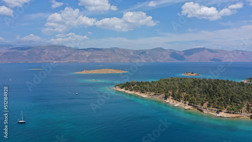 Aerial drone photo of famous seaside area and forest of Kentri in picturesque village and port of Galaxidi, Fokida, Greece © aerial-drone