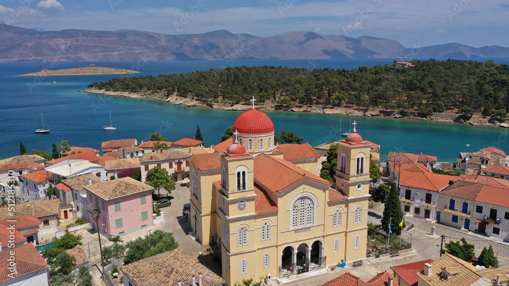 Aerial drone photo of landmark church of Agios Nikolaos in picturesque and historic village of Galaxidi, Fokida, Greece