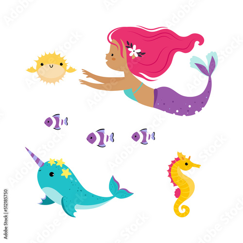 Cute Mermaid with Fish Tail and Wavy Hair Floating Underwater with Seahorse and Narwhale Vector Illustration Set