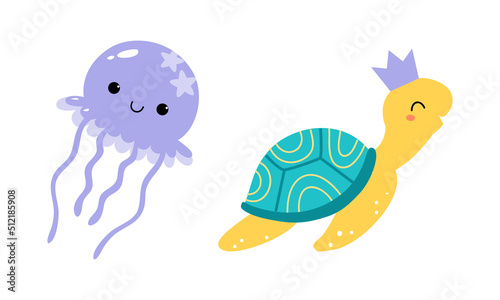 Turtle with Crown and Jellyfish as Sea Animal Floating Underwater Vector Illustration Set