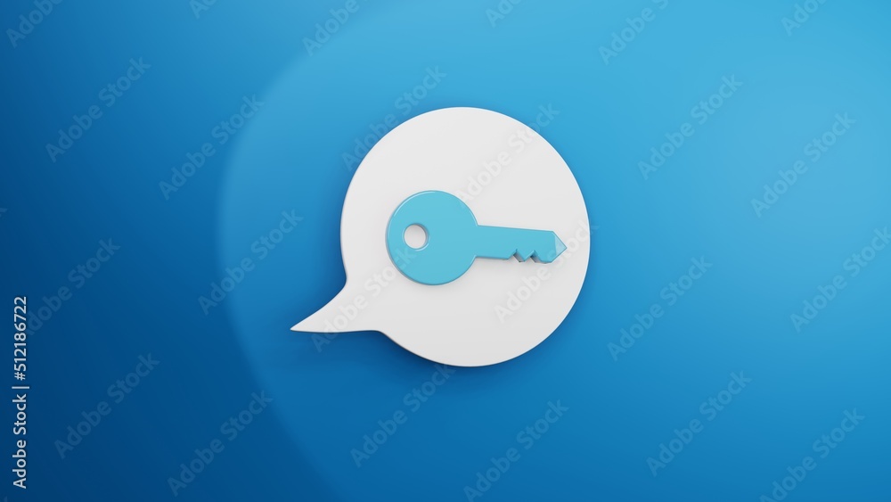 Blaues Schlüssel-Symbol auf einer weissen Sprechblase mit blauem Hintergrund, 3D-Rendering Blaues Schlüssel-Symbol auf einer weissen Sprechblase mit blauem Hintergrund, 3D-Rendering
