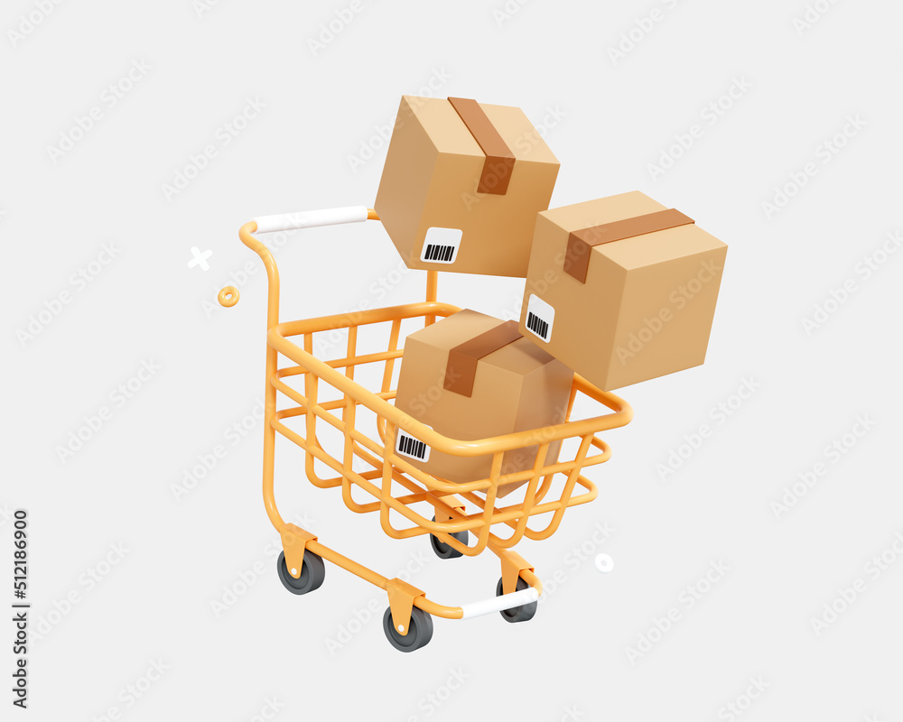 3D Shopping cart and floating cardboard boxes. Fast delivery concept from online store. Shipping logistics package delivery. Cartoon creative design icon isolated on white background. 3D Rendering 3D Shopping cart and floating cardboard boxes. Fast delivery concept from online store. Shipping logistics package delivery. Cartoon creative design icon isolated on white background. 3D Rendering