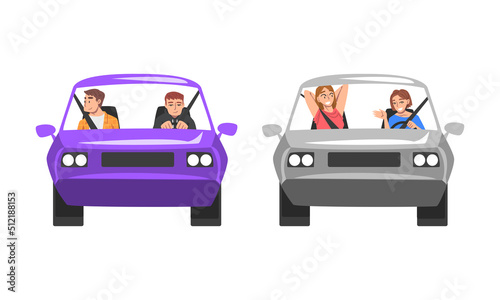 Man and Woman Character Driving Car Sitting on Driver Seat Inside Vehicle Front View Vector Set