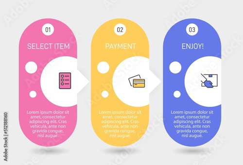 Concept of shopping process with 3 successive steps. Three colorful graphic elements. Timeline design for brochure, presentation, web site. Infographic design layout.