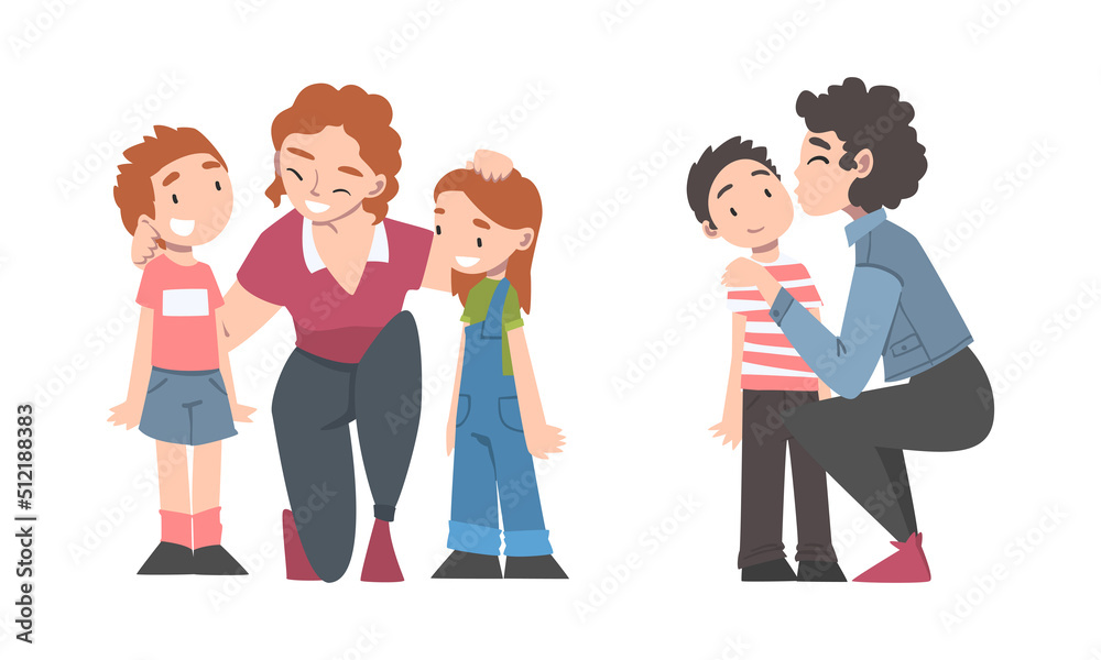 Mother Talking to Their Son and Daughter Supporting Vector Illustration Set Mother Talking to Their Son and Daughter Supporting Vector Illustration Set