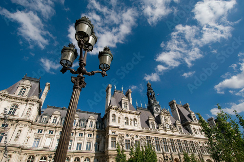 Low angle view of a lamppost in front of a city hall, Hotel De Ville, Paris, Ile-de-France, France