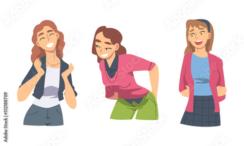 Amused Woman Character Talking and Laughing Having Cheerful Mood Vector Set