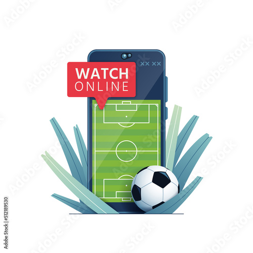 Smartphone with a football field and a soccer ball. Football online. Football matches translation online