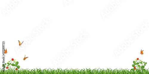 Green grass border with berries and butterflies. Vector illustration of seamless lawn with strawberries isolated on white.