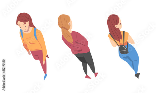 Going and Walking Woman Character Stepping Forward Top View Vector Illustration Set