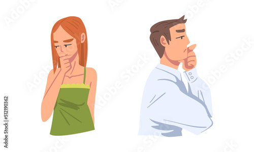 Thoughtful Man and Woman Character Scratching Head Thinking and Considering Something Vector Set