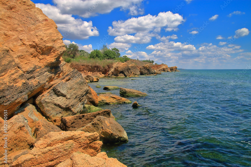 Rocky coast of the Black Sea on a sunny day.