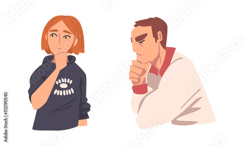 Thoughtful Man and Woman Character Scratching Head Thinking and Considering Something Vector Set