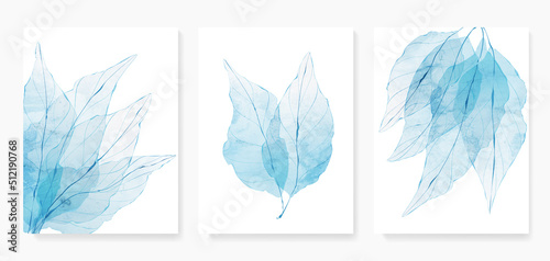 Art background with skeletons of leaves in blue tones in a watercolor style. Botanical poster set with tree leaves close up for decoration, print, wallpaper, interior design