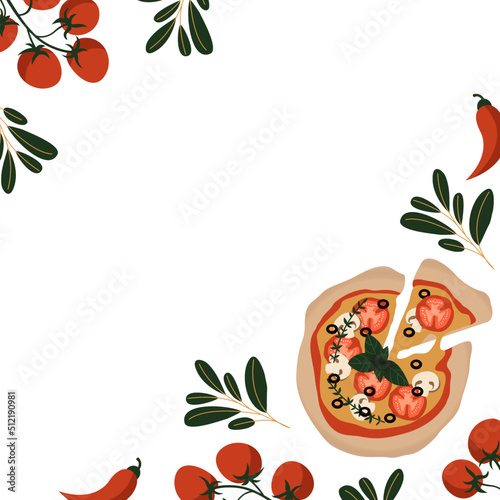 Italian pizza concept design template background for menu. Pizza Margherita with tomatoes and mozzarella isolated on the white background. Vector illustration. Italian cuisine