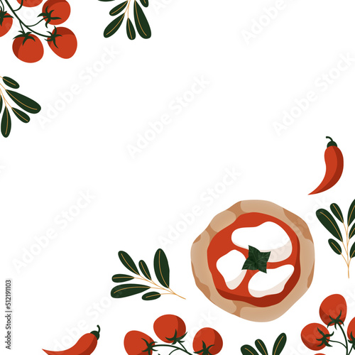 Italian pizza concept design template background for menu. Pizza Margherita with tomatoes and mozzarella isolated on the white background. Vector illustration. Italian cuisine