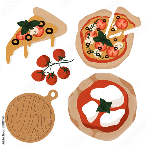 Italian pizza design template. Set of ingredients. Pizza Margherita with tomatoes and mozzarella isolated on the white background. Vector illustration.