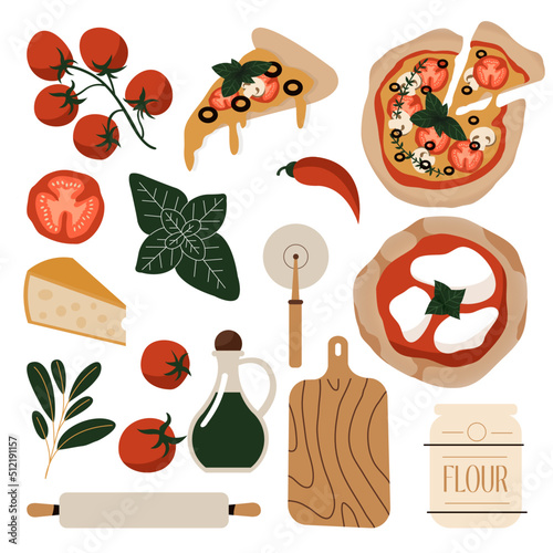 Italian pizza design template. Set of ingredients. Pizza Margherita with tomatoes and mozzarella isolated on the white background. Vector illustration.