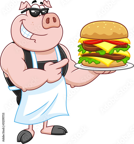 Smiling Chef Pig Cartoon Mascot Character Pointing To A Double  Hamburger Or Cheeseburger. Vector Fast Food Hand Drawn Illustration Isolated On White Background